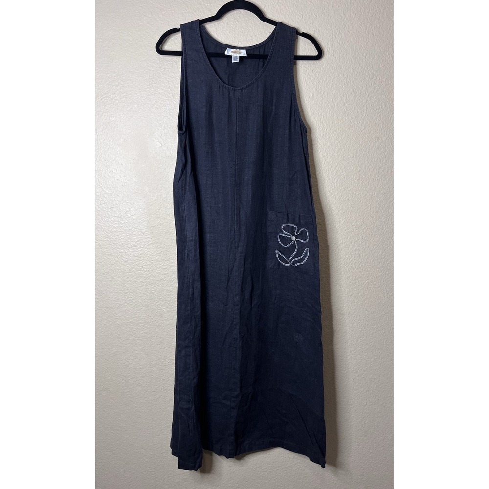 VTG Talbots 100% Linen Midi Sheath Dress Minimalist Lagenlook Black 10 Petite